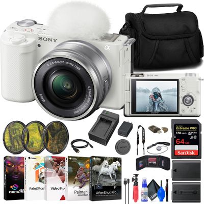 Sony ZV-E10 Mirrorless Camera with 16-50mm Lens (White) (ILCZV-E10L/W) + 64GB Memory Card + Filter Kit + External Charger + NPF-W50 Battery + Card Reader + Corel Photo Software + More (Renewed)
