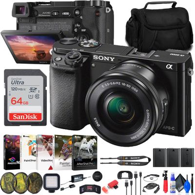 Sony Alpha a6000 Mirrorless Camera with 16-50mm Lens (ILCE6000L/B) + Filter Kit + 64GB Card + 2 x NPF-W50 Battery + Card Reader + LED Light + Photo Software + Case + Flex Tripod + More (Renewed)