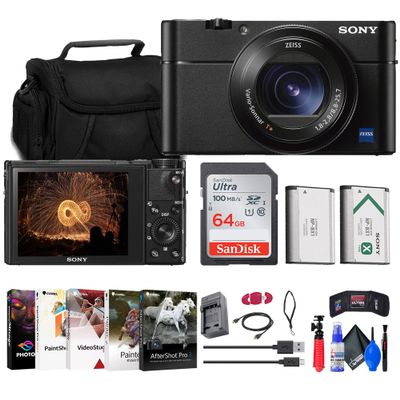 Sony Cyber-Shot DSC-RX100 VA Digital Camera (DSC-RX100M5A/B) + Case + 64GB Card + NP-BX1 Battery + Card Reader + Corel Photo Software + Charger + Flex Tripod + Memory Wallet + More (Renewed)