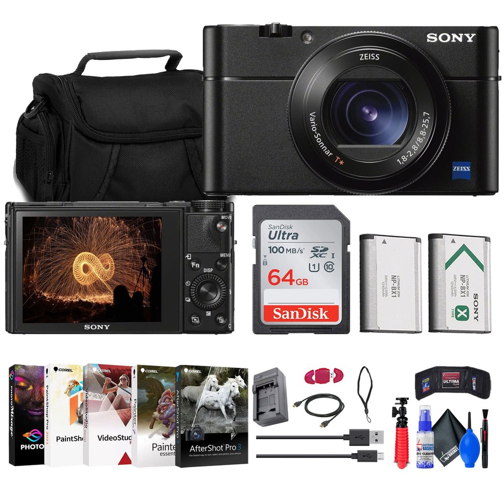 Sony Cyber-Shot DSC-RX100 VA Digital Camera (DSC-RX100M5A/B) + Case + 64GB Card + NP-BX1 Battery + Card Reader + Corel Photo Software + Charger + Flex Tripod + Memory Wallet + More (Renewed)