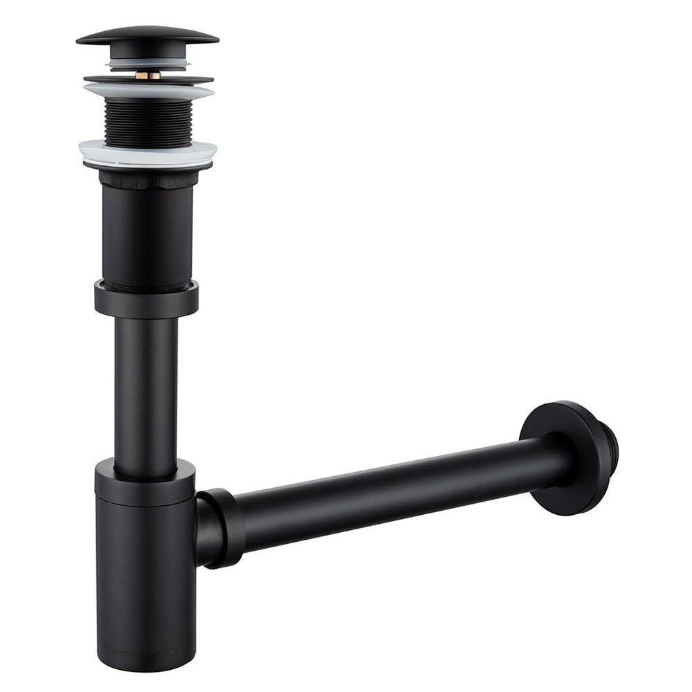 RANDOM Black Brass Bottle P Trap Contemporary Round Bottle P-Trap 1 1/4 with Pop Up Drain Without Overflow Matte Black 83888MBS.