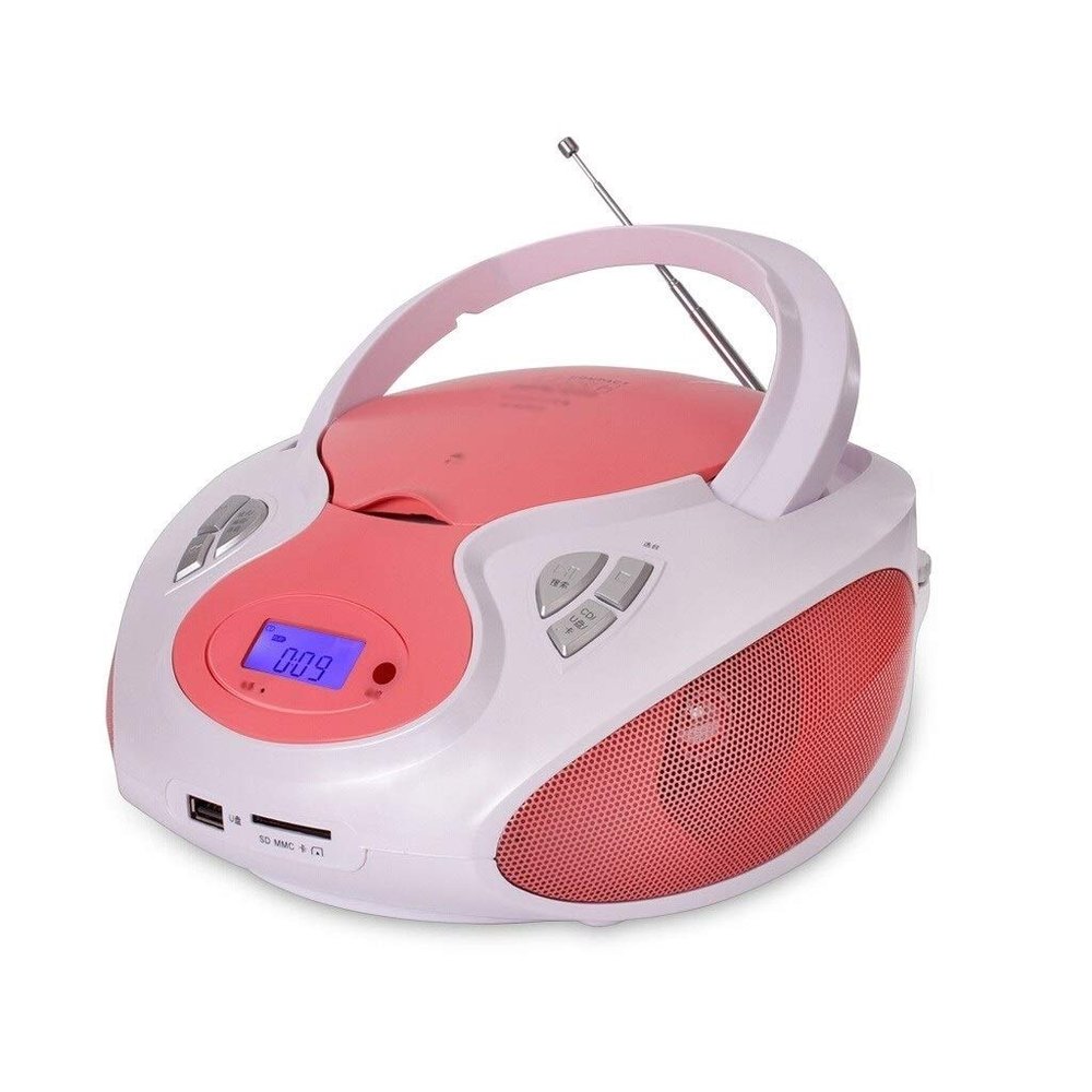 Portable CD Player Boombox with Radio 3.5mm AUX Input Headphone Jack Remote Control Learning Machine LCD Screen Prenatal Education Machine (Color : Gold) (Pink)