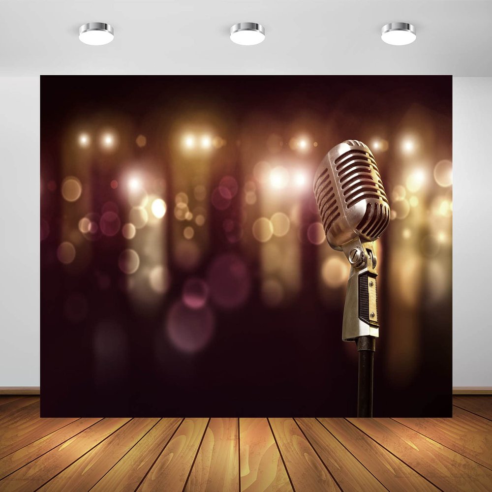 BELECO 8x6ft Fabric Microphone Music Backdrop Bokeh Glitter Lights Microphone Karaoke Party Background Dancing Disco Concert Music Theme Party Decorations Birthday Photoshoot Photo Studio Props