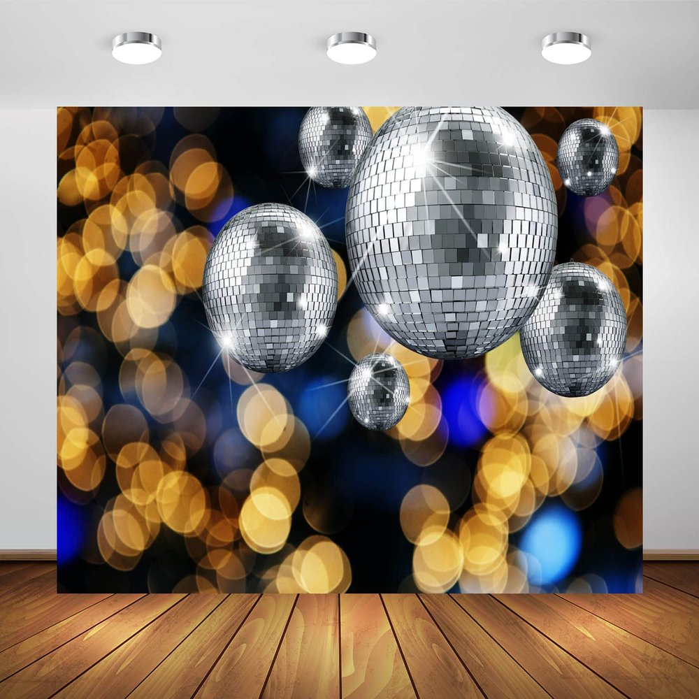 BELECO 8x6ft Fabric Disco Theme Backdrop Silver Disco Ball Golden Bokeh Glitter Lights Background 70s 80s Music Party Decorations Birthday Photoshoot Studio Props