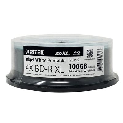 25 Pack Ritek BD-R XL BDXL 100GB Archival Grade Triple Layers 4X White Inkjet Hub Printable Blank Recordable Disc in Spindle