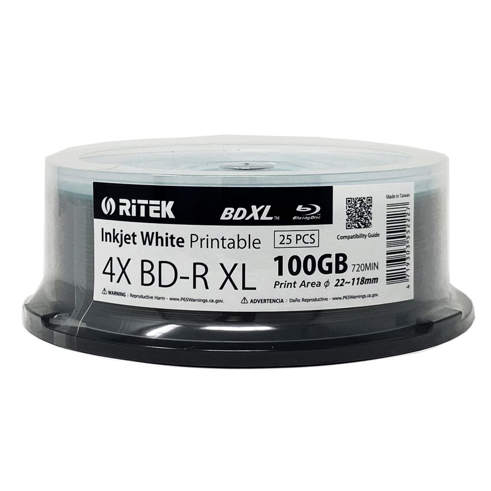25 Pack Ritek BD-R XL BDXL 100GB Archival Grade Triple Layers 4X White Inkjet Hub Printable Blank Recordable Disc in Spindle