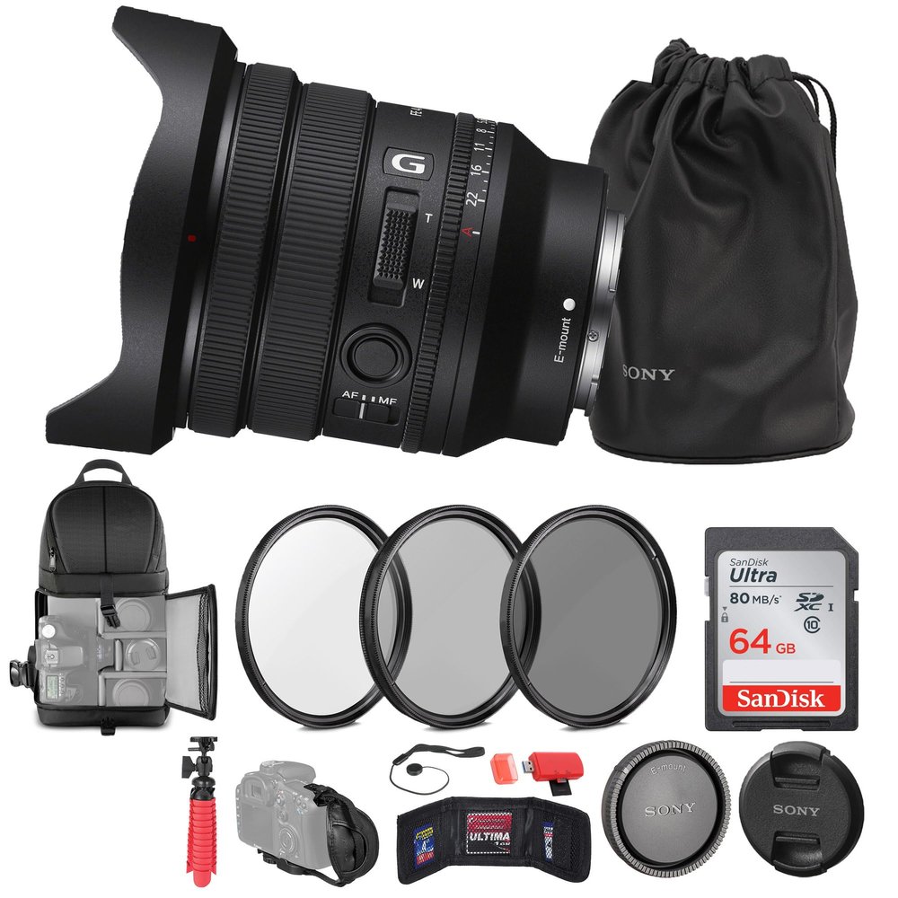 Sony FE PZ 16-35mm f/4 G Lens (SELP1635G) + 64GB Memory Card + Filter Kit + Backpack + Card Reader + Flex Tripod + Memory Wallet + Cap Keeper + Cleaning Kit + Hand Strap (Renewed)