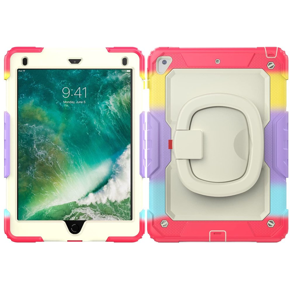 Case Cover Kids Colour Heavy Duty Shockproof TPU Case Compatible with iPad 9.72017/2018)/Pro 9.7/ Compatible with iPad Air 2 Case,360 Degree Rotating Handle Stand Bracket W Screen Protector+Shoulder
