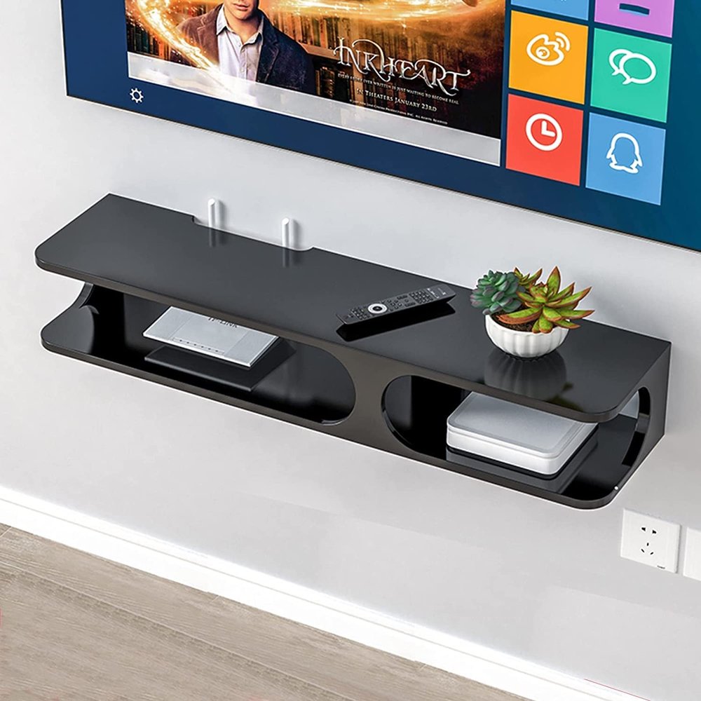 TRUKD HUALU Floating Tv Stand,Black and White Set-top Box Shelf,Easy to Install and Easy to Clean, can Accommodate Wired Set-top Box/Router/Power Strip/Cable