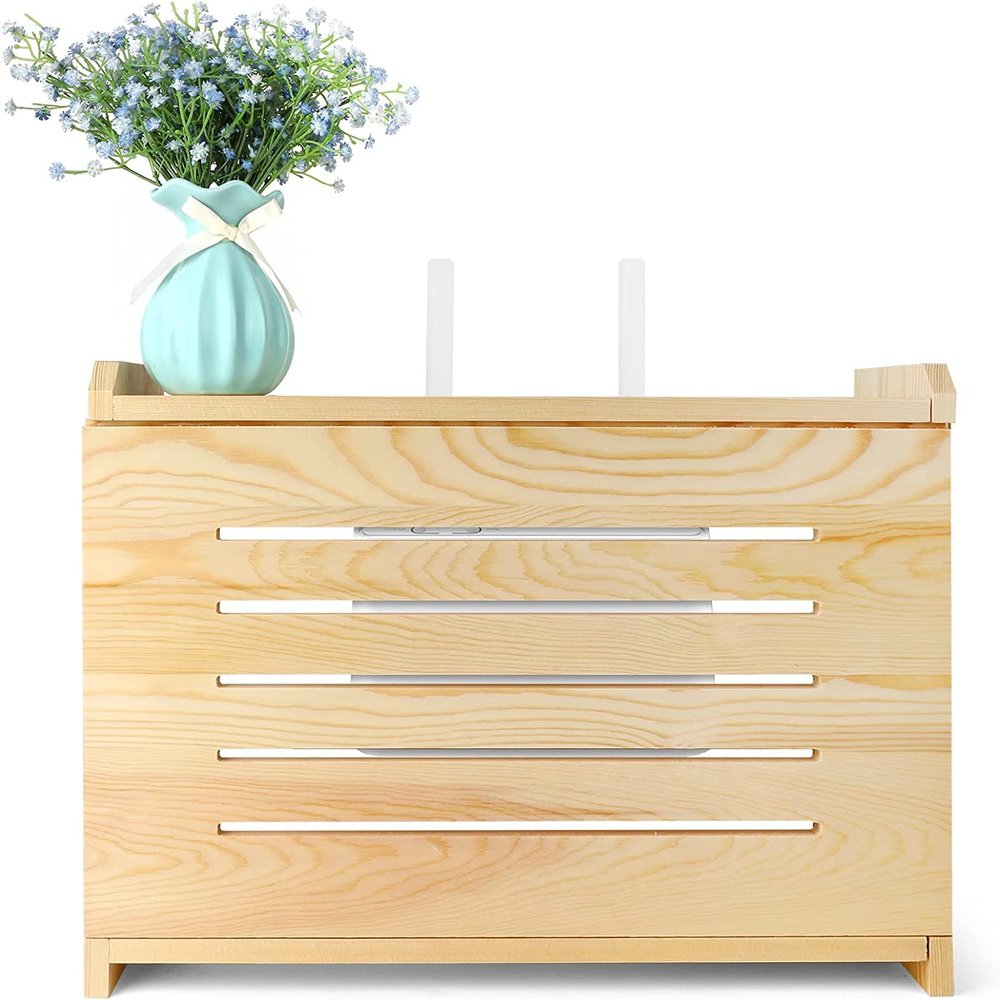 TRUKD HUALU Router Shelf Wooden Router Shelf Wall Mount WiFi Router Storage Box Modem Cable Router Cover Organized Power Strip Cable Management Hider Rack Need Assembly