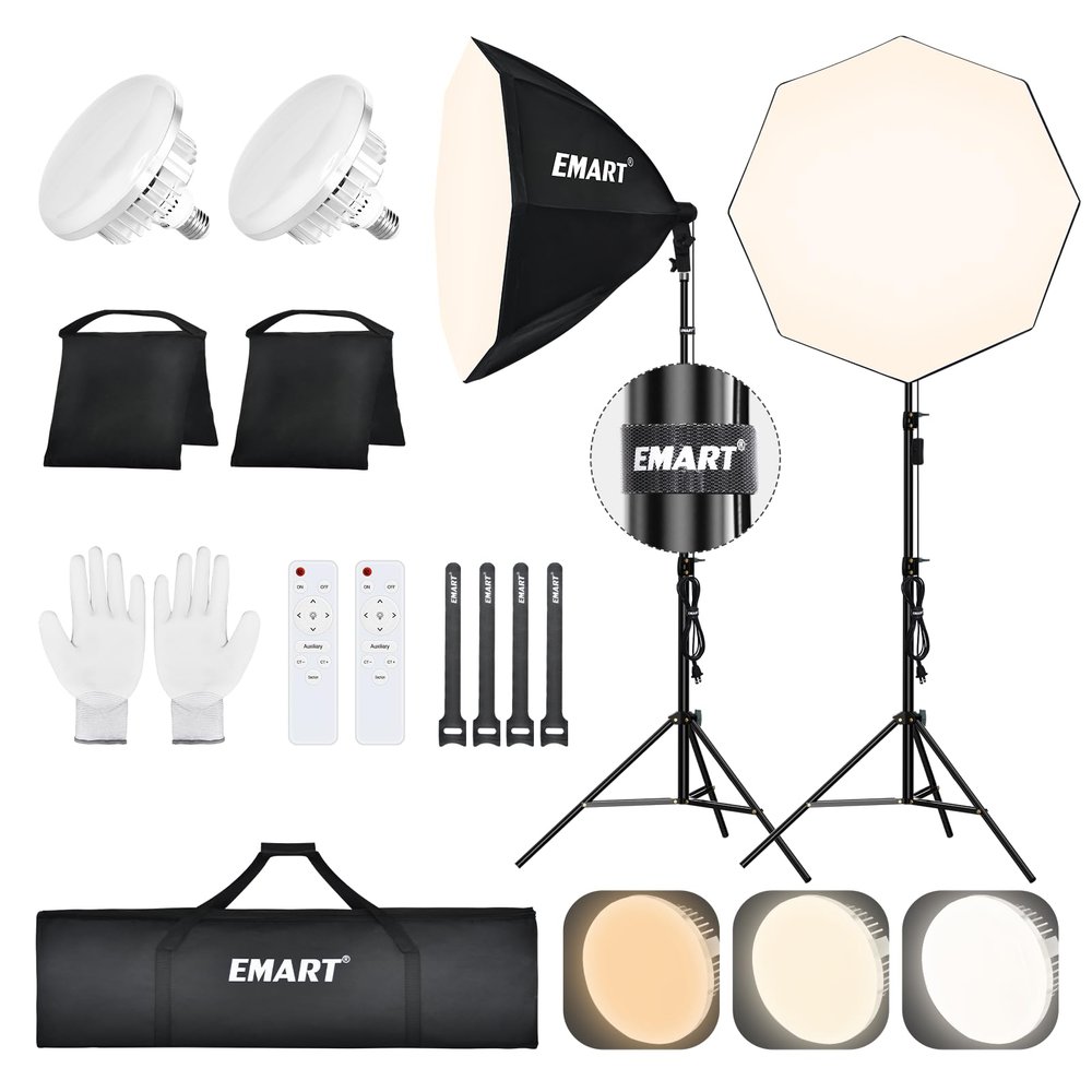 EMART Softbox Lighting Kit with Sandbag, 25.5" (65cm) Diameter Soft Box Lights with 2x135W 3000-6500K Remote Controlled LED Bulb, Photography Lighting Kit for Studio Video Recording, Filming, Portrait