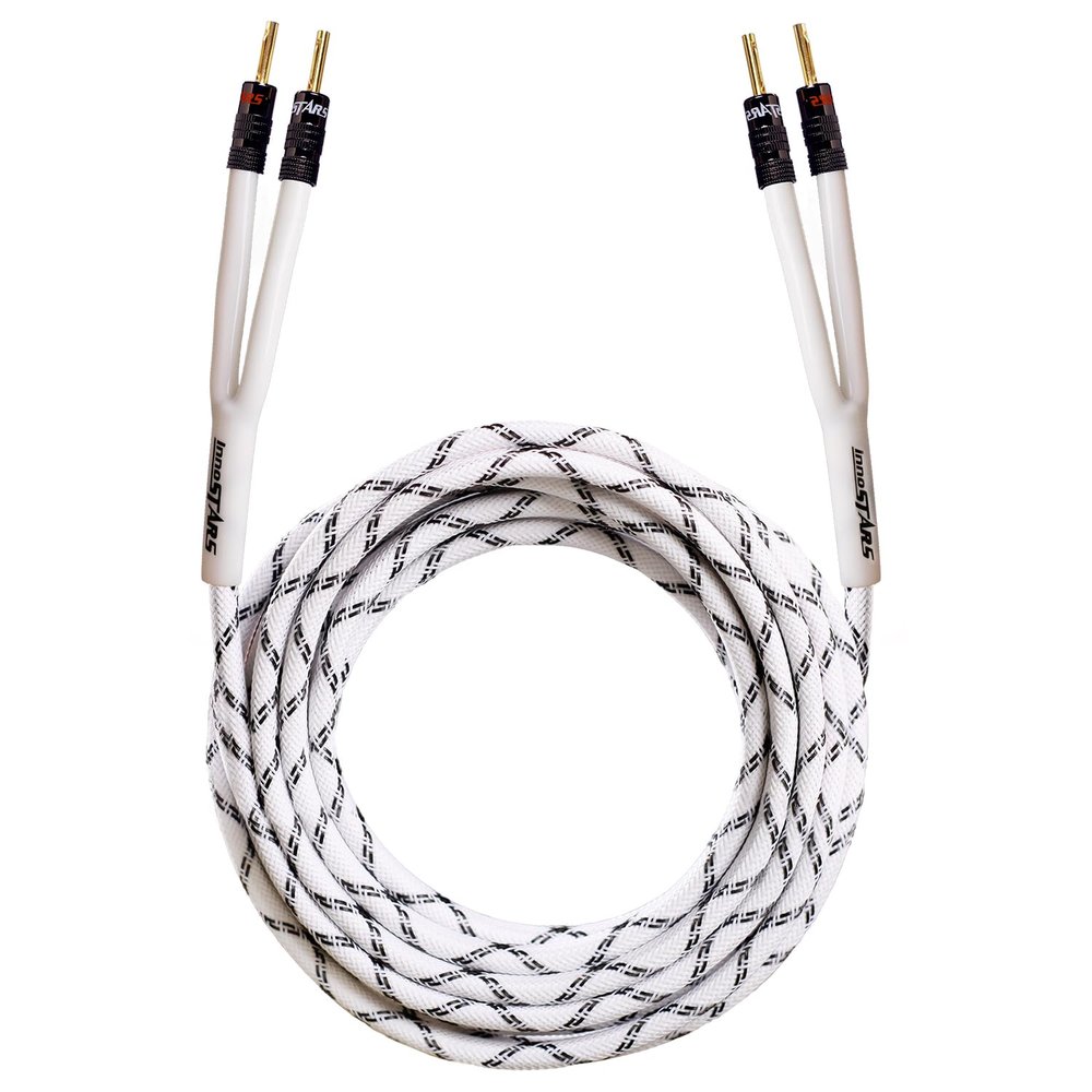 InnoStars 12AWG HiFi Speaker Wire with Dual Gold Plated Banana Plugs (3 Feet), Premium Heavy Duty Braided, 99.99% Oxygen-Free Copper (OFC) - White, 3ft