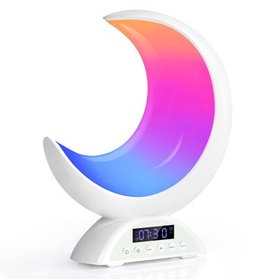 BRNEWO Moon Table Lamp with Time Alarm Clock, RGB Adjustable Light with Bluetooth, with Scene Mode and Music Mode, Warm White LED Moon Light, Suitable for Home Decoration, Bedroom Living Room Desk.