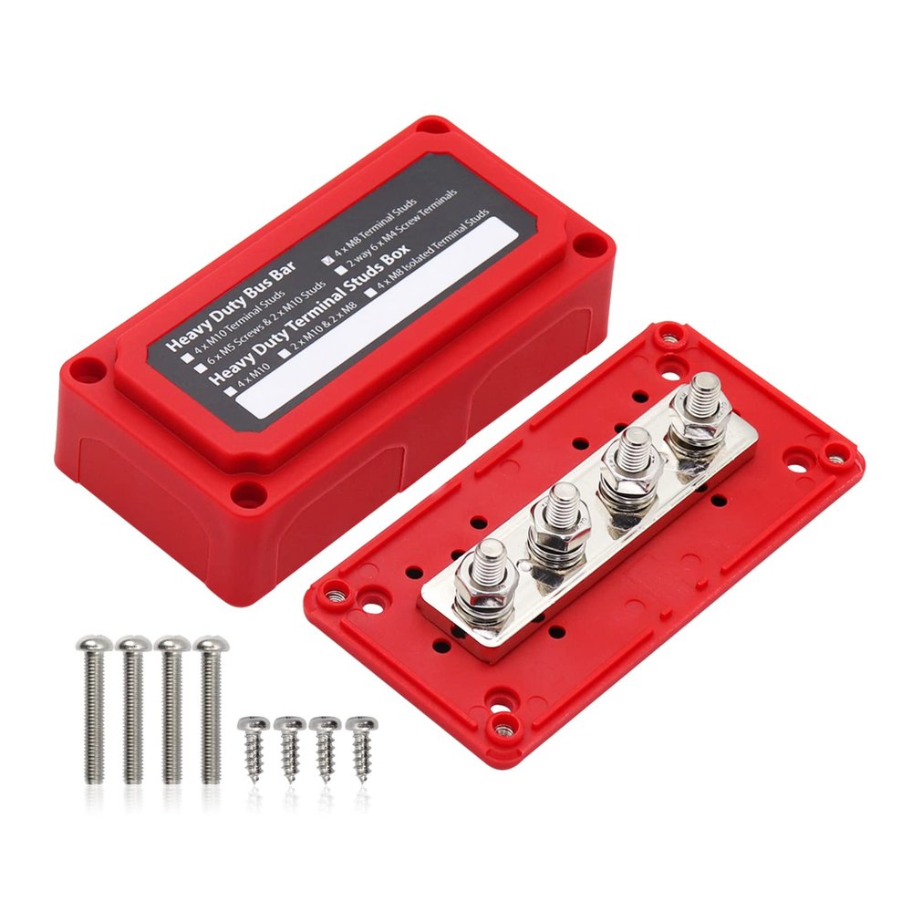 300A Bus Bar Box 12V 24V 48V DC Terminal Studs 4XM8(5/16") Heavy Duty Bus Bar Power Distribution Block for RV Car Truck Battery Marine Automotive, Red