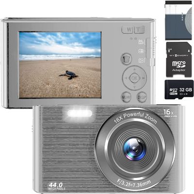 eDealz 44MP Digital Compact Camera with 32GB SD Card, 16X Zoom, 2.4 Inch Screen, Vlogging Camera for Teens & Seniors (Silver)