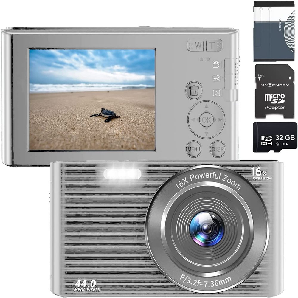 eDealz 44MP Digital Compact Camera with 32GB SD Card, 16X Zoom, 2.4 Inch Screen, Vlogging Camera for Teens & Seniors (Silver)