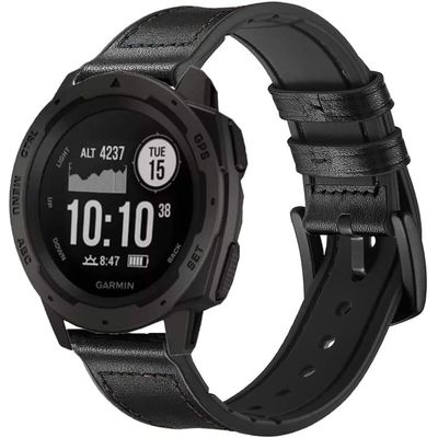 Leather Watch Band for Garmin Instinct/Instinct 2 Solar / Instinct3 45mm, Soft Genuine Leather with Silicone Sweatproof Wrist Strap for Garmin Instinct Tactical/Tide/Esports/Instinct Solar-Max Wrist 8.1"
