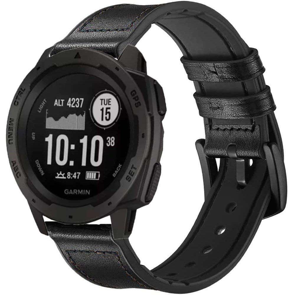Leather Watch Band for Garmin Instinct/Instinct 2 Solar / Instinct3 45mm, Soft Genuine Leather with Silicone Sweatproof Wrist Strap for Garmin Instinct Tactical/Tide/Esports/Instinct Solar-Max Wrist 8.1"