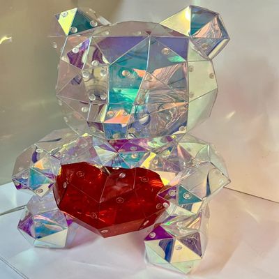 LED Light Up Bear Holographic Iridescent Lights Gift Low Poly Heart Bear Decoration Lights Led Lights Colorful Holiday Lighting Decorations USB Plug with QR Phone Control.(14x14x18)