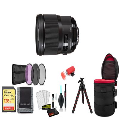 Sigma 28mm f/1.4 DG HSM Art Lens for Nikon F (441955) Bundle Kit with 128GB Memory Card, Tripod, Filter Kit and More (International Model)