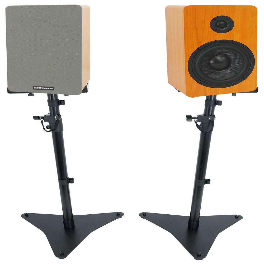Rockville RockShelf 54C Bundle: (2) 5.25 in 360-Watt Bookshelf Speakers 4 Ohm Wood Cabinets in Black, Classic, or White Grain Finish, RVSM5 Adjustable Height Steel Studio Monitor Stands Pair, 3-Items