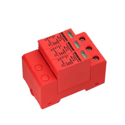 DC 1000V Surge Protective Device (SPD), 3-Pole 20kA Solar PV Lightning Arrester, Photovoltaic Surge Suppressor, DIN Rail Mount, Replaceable Modular Design, Red