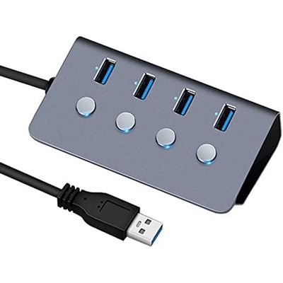 RMENST USB 3.0 Hub, Aluminum USB Splitter with 4 USB 3.0 Data Ports, Individual On/Off Power Switches and 5V/2A Power Adapter
