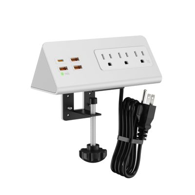 Desk Edge Clamp Mount Power Strips with 4 USB Ports(1xPD 20W USB-C Port)& 3 AC Outlets,1875 Joules Tabletop Surge Protector, Power Sockets for Office Table/Hotel Nightstands,ETL Listed (1-Pack, White)