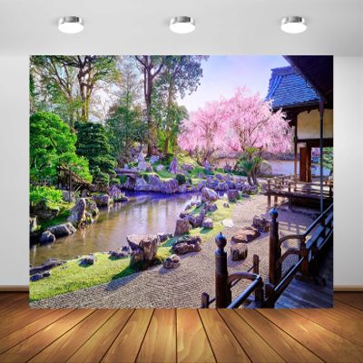 BELECO 10x8ft Fabric Japanese Garden Backdrop for Photography Blooming Cherry Blossom Sakura Trees Garden Courtyard River Spring Scenery Background Japanese Party Decorations Photo Studio Props