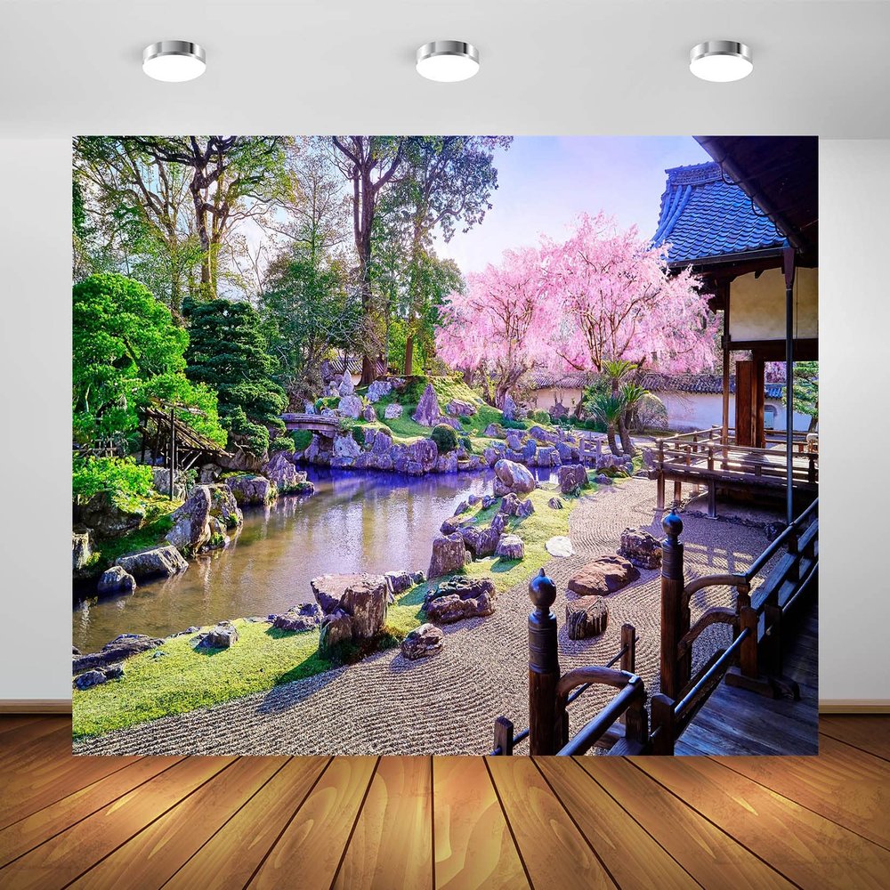 BELECO 10x8ft Fabric Japanese Garden Backdrop for Photography Blooming Cherry Blossom Sakura Trees Garden Courtyard River Spring Scenery Background Japanese Party Decorations Photo Studio Props