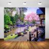BELECO 10x8ft Fabric Japanese Garden Backdrop for Photography Blooming Cherry Blossom Sakura Trees Garden Courtyard River Spring Scenery Background Japanese Party Decorations Photo Studio Props view 1