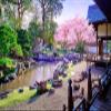 BELECO 10x8ft Fabric Japanese Garden Backdrop for Photography Blooming Cherry Blossom Sakura Trees Garden Courtyard River Spring Scenery Background Japanese Party Decorations Photo Studio Props view 2
