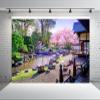 BELECO 10x8ft Fabric Japanese Garden Backdrop for Photography Blooming Cherry Blossom Sakura Trees Garden Courtyard River Spring Scenery Background Japanese Party Decorations Photo Studio Props view 3