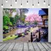 BELECO 10x8ft Fabric Japanese Garden Backdrop for Photography Blooming Cherry Blossom Sakura Trees Garden Courtyard River Spring Scenery Background Japanese Party Decorations Photo Studio Props view 4
