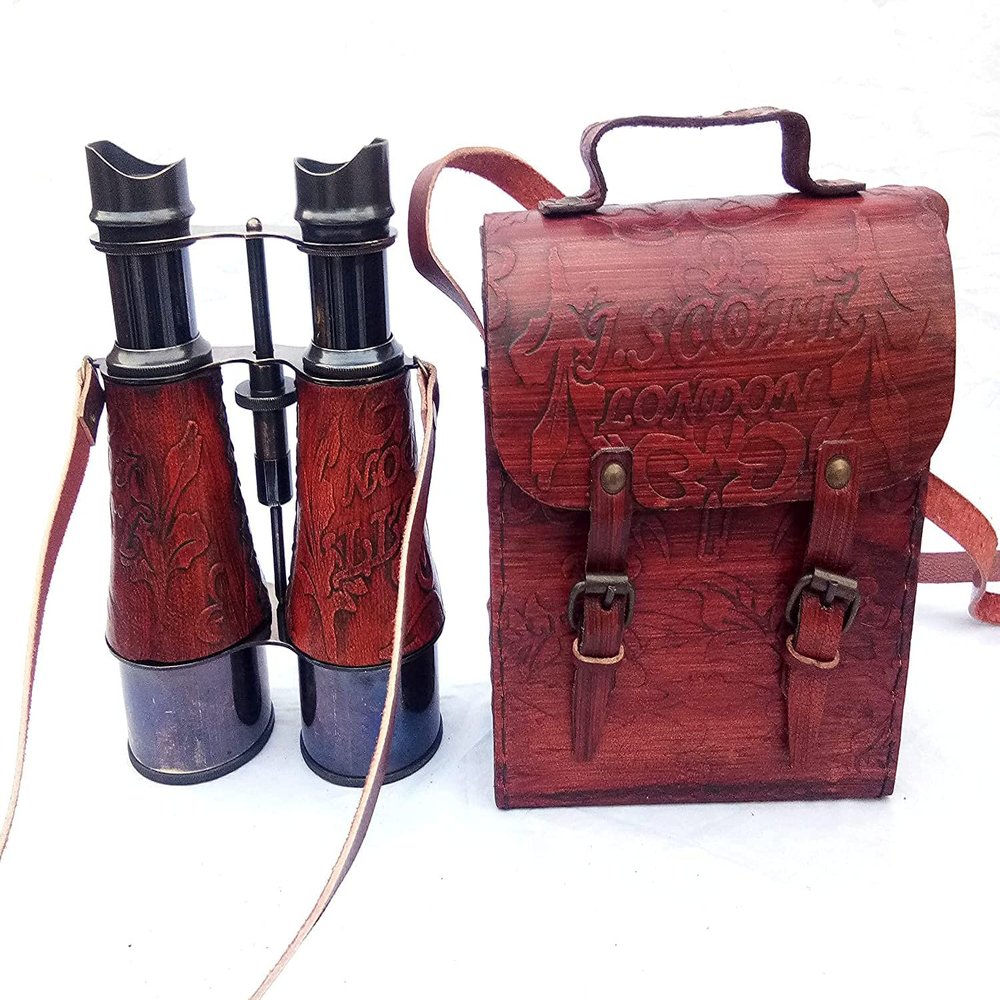 6" Antique Brass Binoculars for Adults & Kids with Leather Neck Strap; Handheld Marine Binoculars for Bird Watching, Hunting, Viewing Wildlife & Outdoor Sport's Games