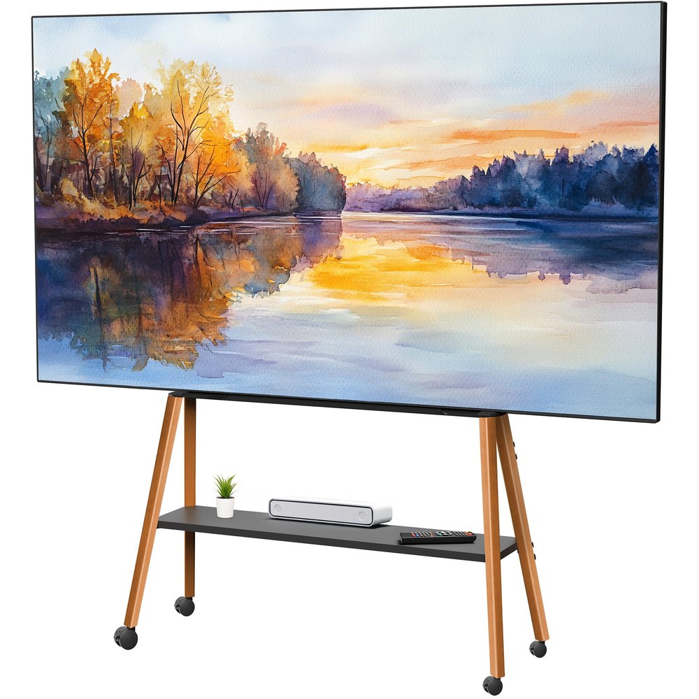 VIVO Rolling Artistic 43 to 75 inch LED LCD Screen Mobile Studio TV Easel Stand, Wood Accessory Shelf, Adjustable TV Mount with 4 Walnut Legs, Black Frame, STAND-TV75R