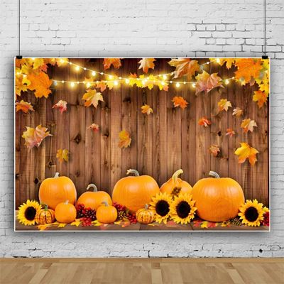 20x10ft Vinyl Farmhouse Fall Pumpkin Photography Backdrop Fall Photo Backdrop Thanksgiving Harvest Sunflower Maple Leaf on Rustic Wood Plank Background Autumn Backdrop for Photo Studio Props