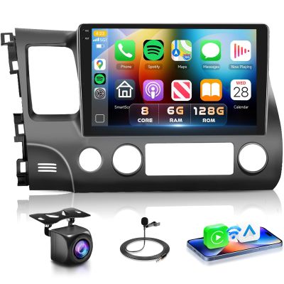 8 Core 6G+128G Car Stereo Radio for Honda Civic 2006-2011 with Wireless CarPlay/Android Auto/9 Inch 1280 * 720P IPS Touchscreen/Bluetooth 5.0/GPS/WiFi/DSP/36 EQ/AHD Backup Camera