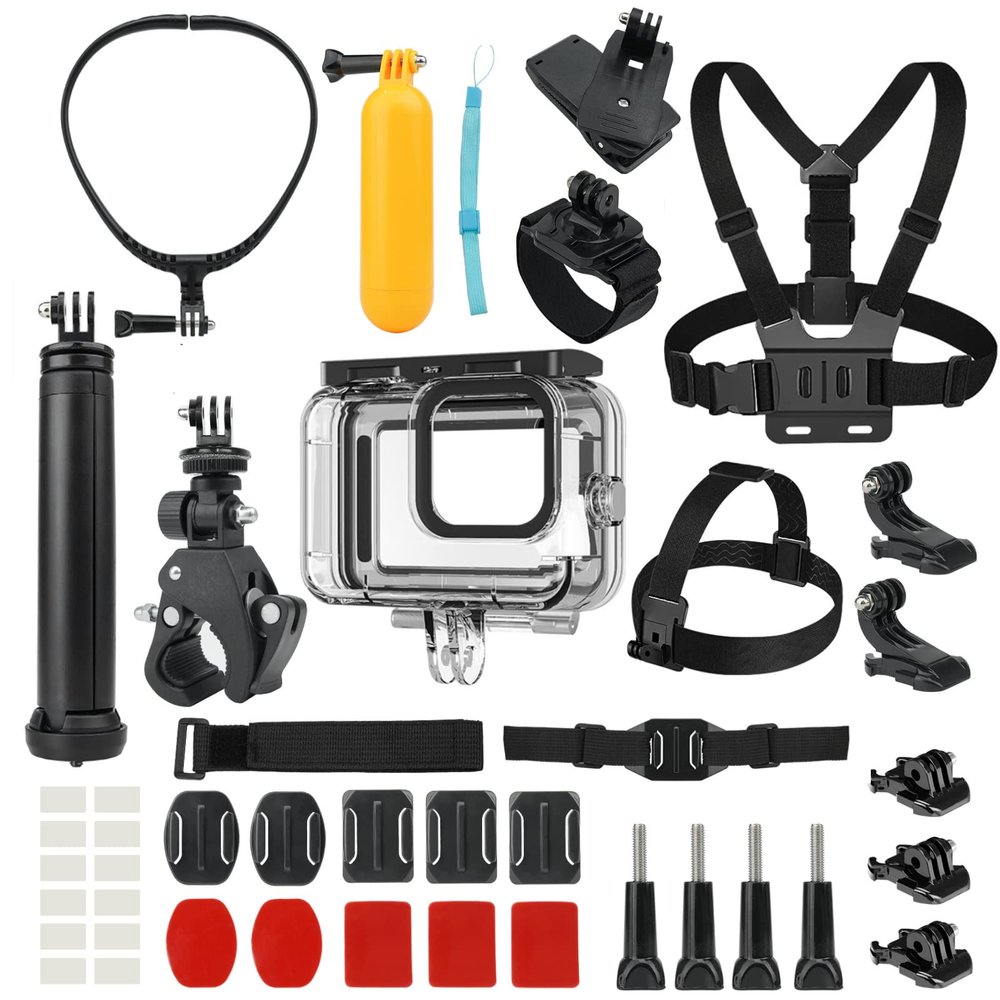 Action Camera Accessories Kit With Waterproof Case for GoPro, Neck Mount, Selfie Stick, Bike Mount - Compatible With Hero 11 10 9 8 7 6 5 4, Max, Fusion, Insta360, DJI Osmo and Most Action Cameras