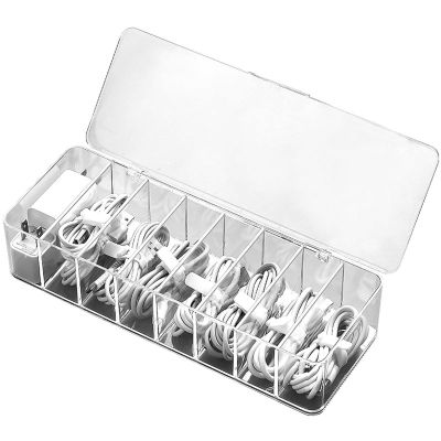 VALINK Plastic Cable Management Box with Lid, Portable Clear Cell Phone Cord Storage Organizer Dustproof Multi Grid Data Cable Storage Case
