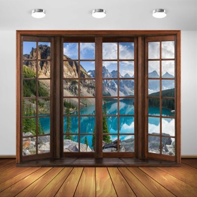 BELECO 5x4ft Fabric Vintage Wooden Window View of Mountain Lake Backdrop Banff National Park Moraine Lake Canadian Rockies Mountain Scenery Background for Office Zoom Meeting Home Decor Photo Props