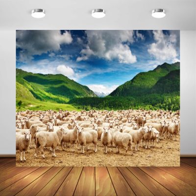 BELECO 10x6.5ft Fabric Rural Pasture Herd of Sheep Backdrop for Photography Green Mountains Alps Highland Sheep Lamb Spring Summer Grazing Background Shepherds Photoshoot Studio Booth Props Wallpaper