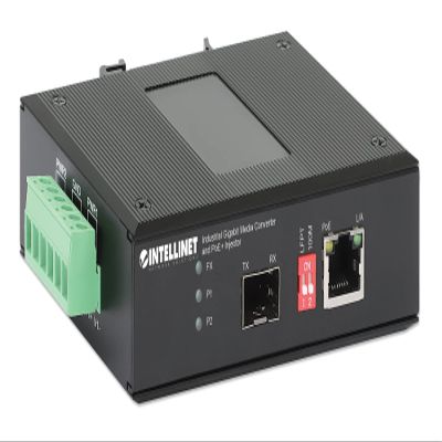 Intellinet Industrial Gigabit Media Converter & PoE+ InjectorUp to 30W for 1 PD, Handles Extreme Temps, IP40 Metal Housing, DIN-Rail Mountable, 10/100/1000Base-TX RJ45 to SFP3 Yr Mfg Warranty-508988