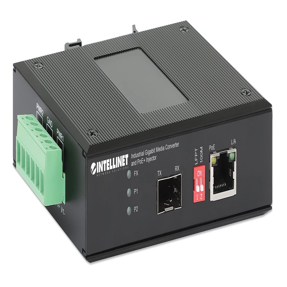 Intellinet Industrial Gigabit Media Converter & PoE+ InjectorUp to 30W for 1 PD, Handles Extreme Temps, IP40 Metal Housing, DIN-Rail Mountable, 10/100/1000Base-TX RJ45 to SFP3 Yr Mfg Warranty-508988