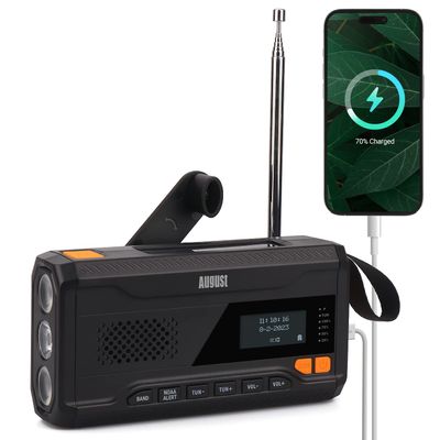 Emergency Hand Crank Radio - August MB291B - NOAA Portable Weather Radio & AM/FM Portable Power Bank 4500mAh with Solar Charging, Hand Crank & USB-C Charging - SOS Alarm, LED Flashlight & Reading Lamp