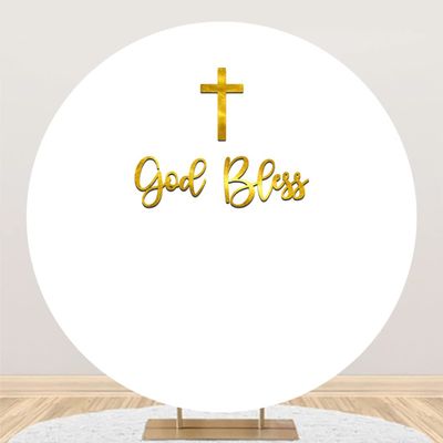 7.2x7.2ft God Bless Round Backdrop Cover First Communion Baptism Christening Party Circle Arch Backdrop Stand Pure White Gold God Bless Baby Shower Backdrop Baptism Party Decor Photo Shoot Props