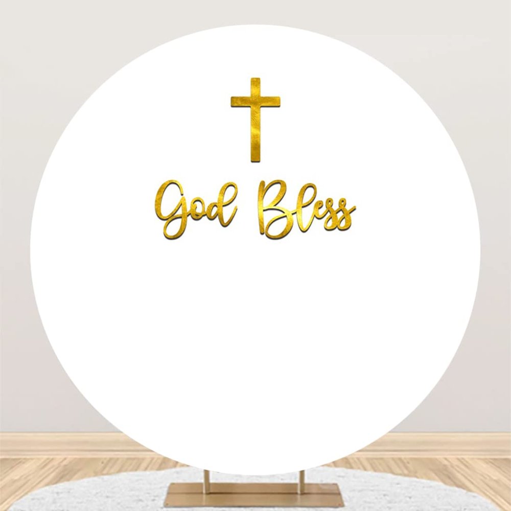 7.2x7.2ft God Bless Round Backdrop Cover First Communion Baptism Christening Party Circle Arch Backdrop Stand Pure White Gold God Bless Baby Shower Backdrop Baptism Party Decor Photo Shoot Props