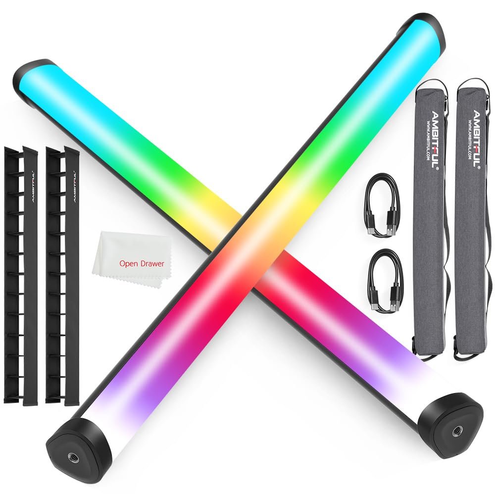 AMBITFUL A2Pro Full-Color Tube Light, 2500K-8500K CRI 95 TLCI 97 Video Light, RGB CCT HSI Mode, 22 FX Light Effect, APP Control Support, Magnet Design (A2 Pro 2PCS with Grid)