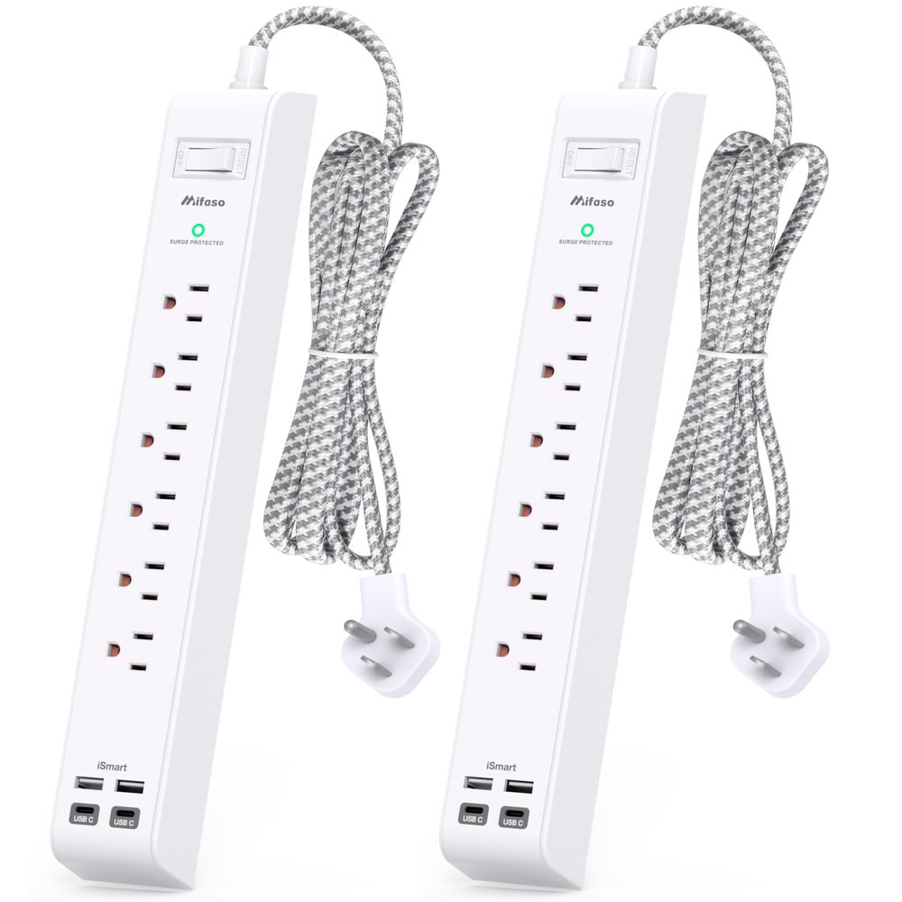 2 Pack Power Strip Surge Protector - 6 Outlets 4 USB Charging Ports, 5Ft Braided Extension Cord, Flat Plug, Overload Protection, Wall Mount for Home Office, Dorm Room Essentials White