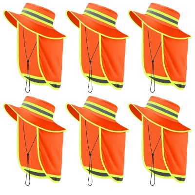 Jexine 6 Pcs Reflective Safety Hat High Visibility Neck Flap Boonie Hat Wide Brim Work Hats Breathable Bucket Cap for Worker (Orange)